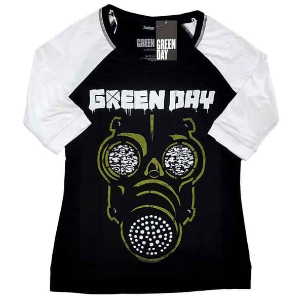 Green Day T Shirt Green Mask Band Logo Official Black Raglan 3/4 Sleeve Womens