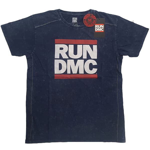 RUN DMC T Shirt Band Logo Official Mens Navy Blue Snow Wash