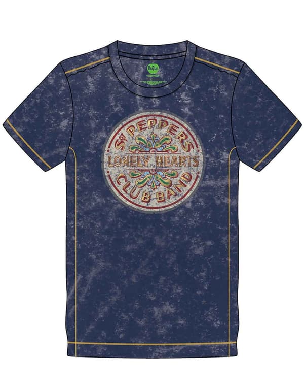 The Beatles T Shirt Sgt Pepper Drum Band Logo Official Mens Navy Blue Snow Wash