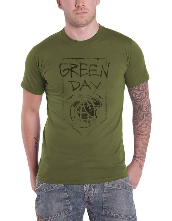 Green Day T Shirt Grenade Band Logo Official Mens Organic Military Green