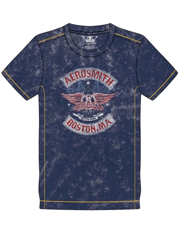 Aerosmith T Shirt Boston Pride Band Logo Official Mens Navy Blue Snow Wash