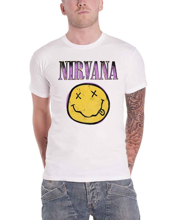Nirvana T Shirt Smile Pink Band Logo Official Mens White
