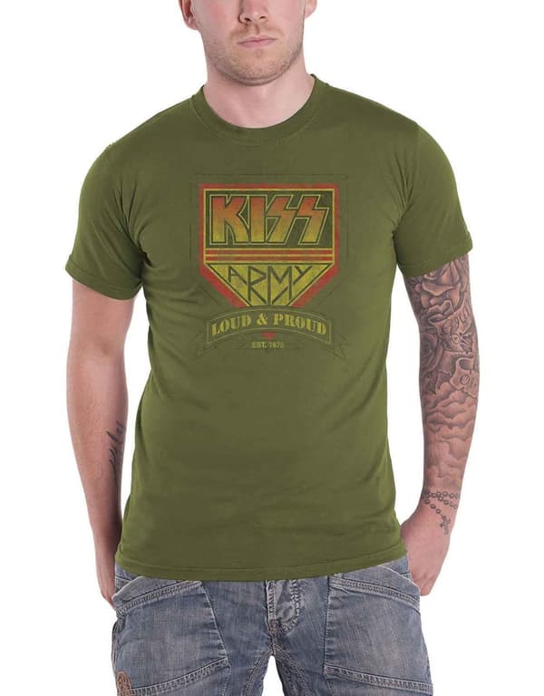 Kiss T Shirt Loud and Proud Band Logo Official Mens Military Green