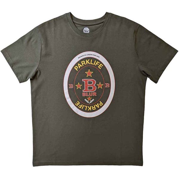 Blur T Shirt Parklife Beermat Band Logo Official Mens Green