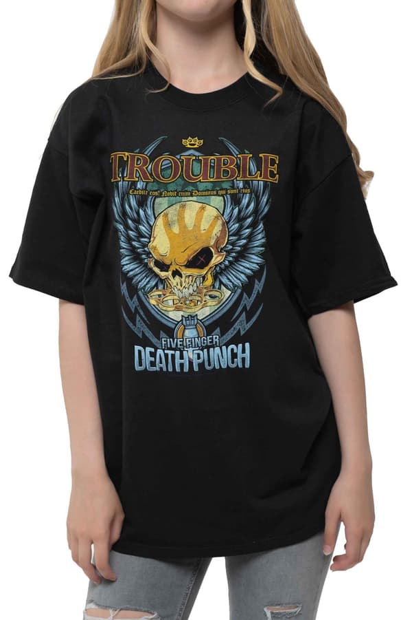 Five Finger Death Punch Kids T Shirt Trouble Official Black Ages 5-14 yrs