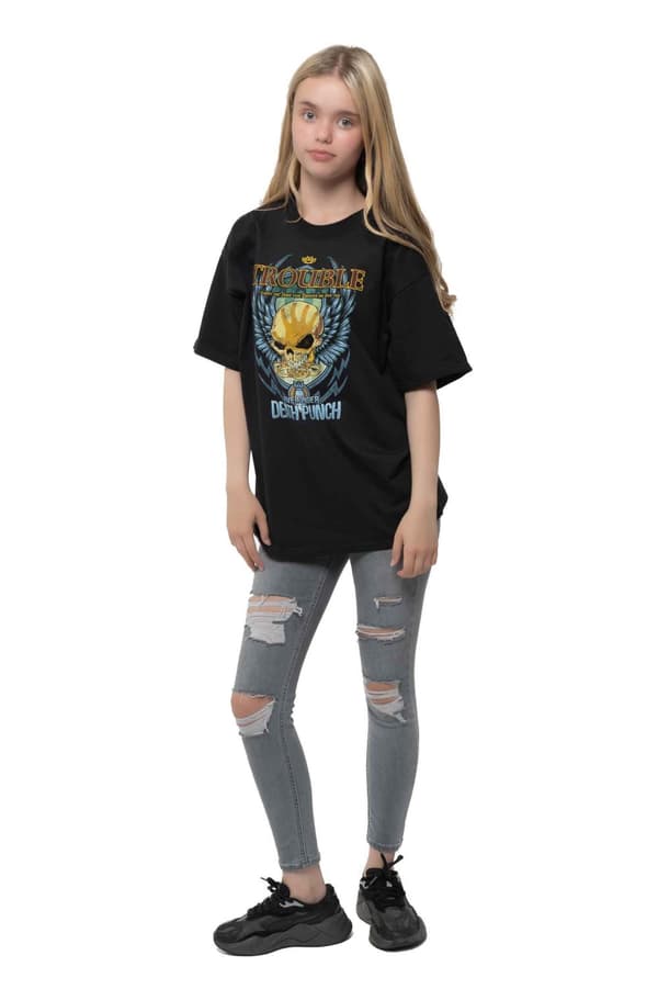 Five Finger Death Punch Kids T Shirt Trouble Official Black Ages 5-14 yrs