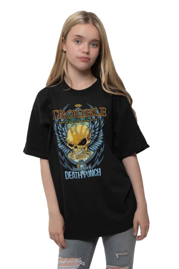 Five Finger Death Punch Kids T Shirt Trouble Official Black Ages 5-14 yrs