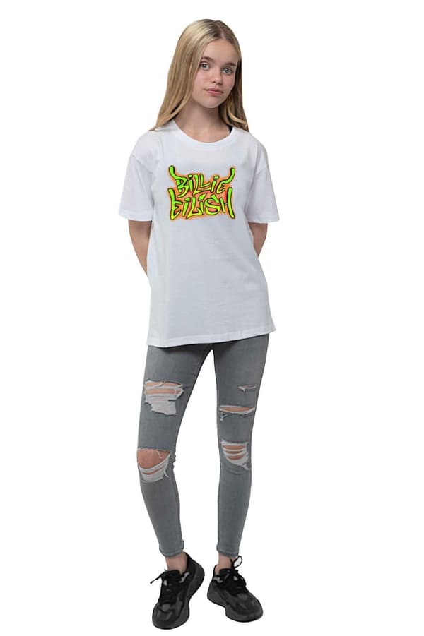 Billie Eilish Kids T Shirt Graffiti Logo Official White (Ages 5-14 yrs)
