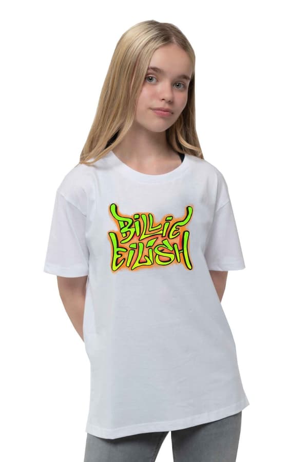 Billie Eilish Kids T Shirt Graffiti Logo Official White (Ages 5-14 yrs)