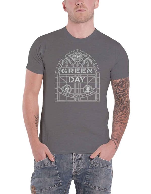 Green Day T Shirt Stained Glass Arch Band Logo Official Mens Charcoal Grey