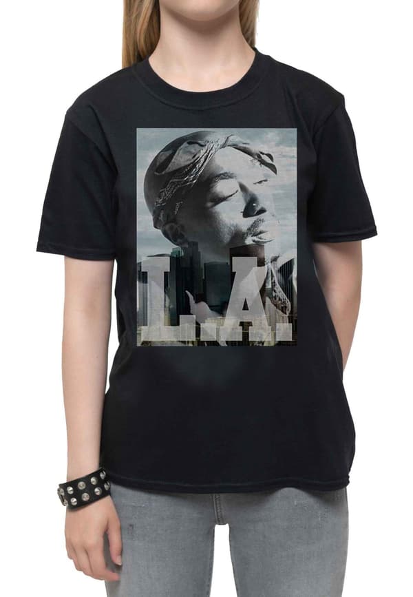 Tupac Kids T Shirt LA Skyline Portrait Logo Official Black Ages 1-14 yrs