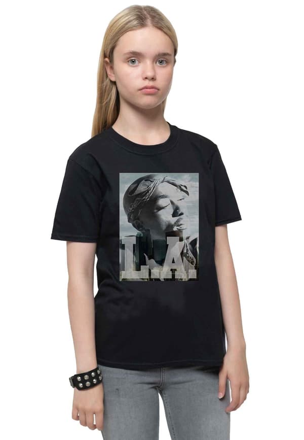 Tupac Kids T Shirt LA Skyline Portrait Logo Official Black Ages 1-14 yrs