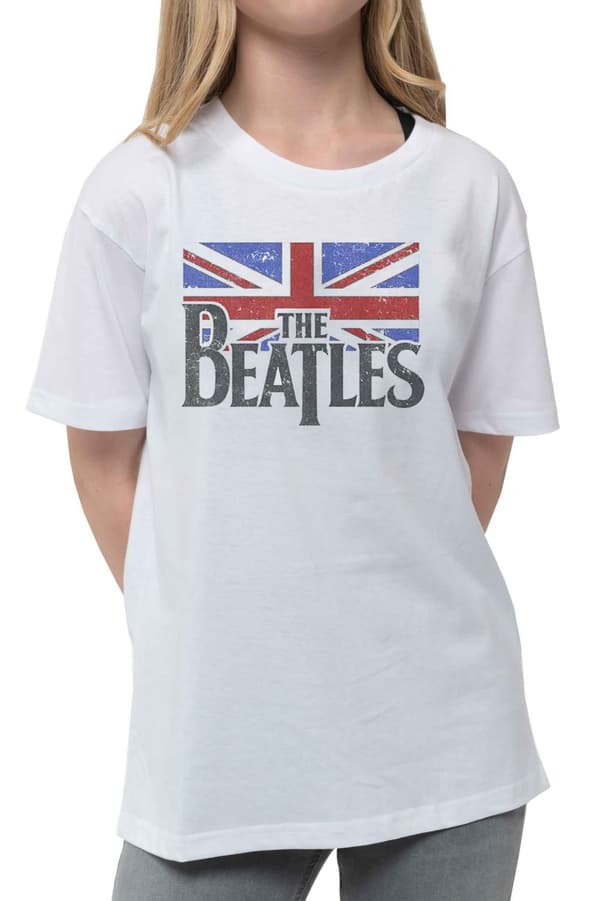 The Beatles Kids T Shirt Logo & Vintage Flag Official White Ages 3-14 yrs