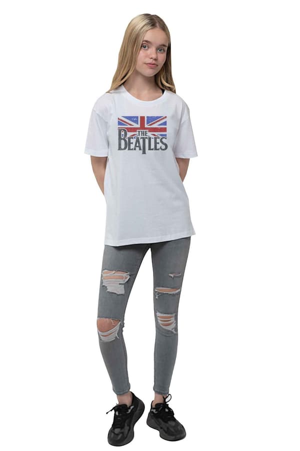 The Beatles Kids T Shirt Logo & Vintage Flag Official White Ages 3-14 yrs