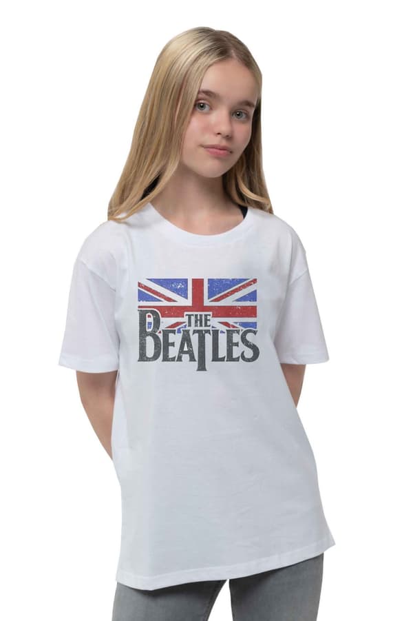The Beatles Kids T Shirt Logo & Vintage Flag Official White Ages 3-14 yrs