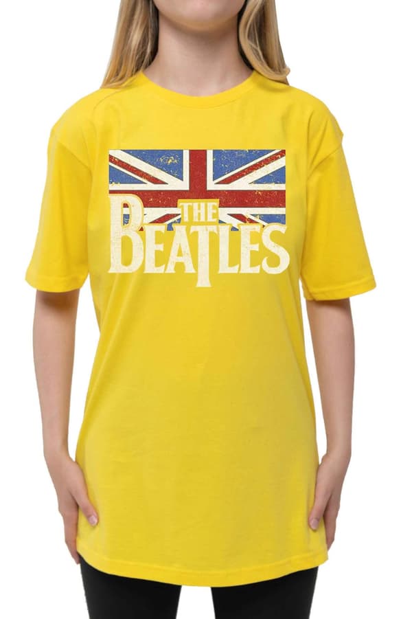 The Beatles Kids T Shirt Logo & Vintage Flag Official Yellow (Ages 3-14 yrs)