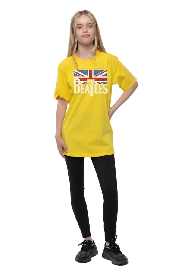 The Beatles Kids T Shirt Logo & Vintage Flag Official Yellow (Ages 3-14 yrs)