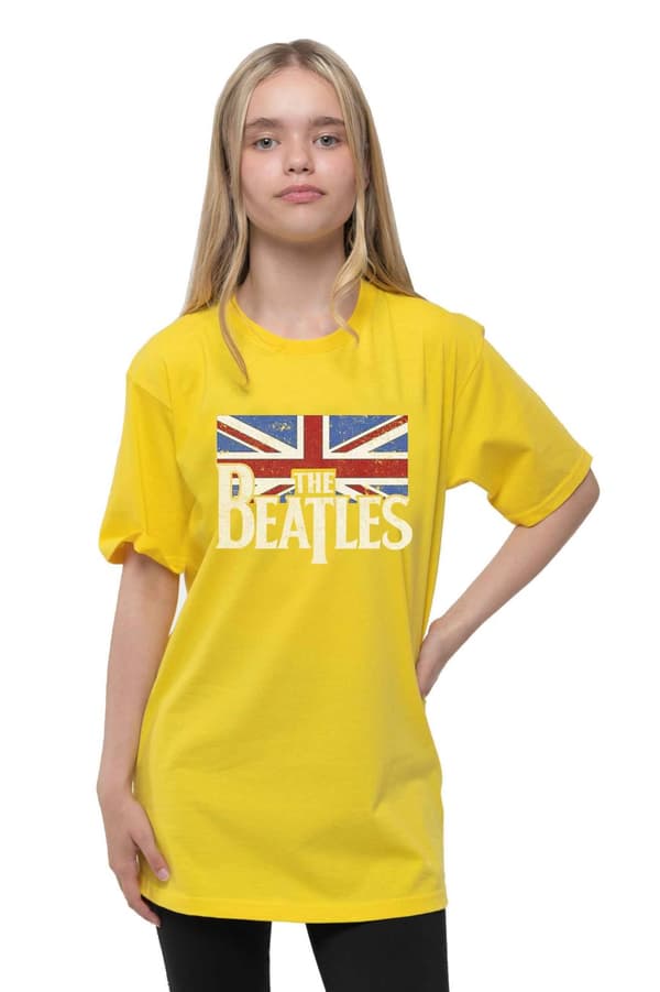 The Beatles Kids T Shirt Logo & Vintage Flag Official Yellow (Ages 3-14 yrs)