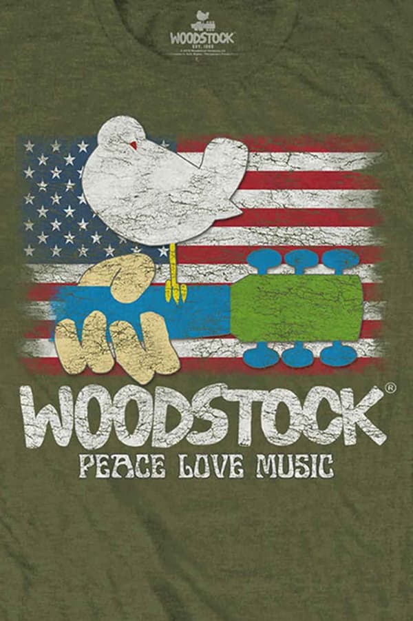 Woodstock T Shirt Flag Logo Official Mens Military Green