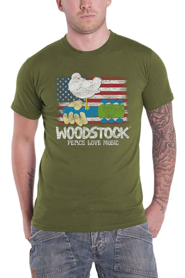 Woodstock T Shirt Flag Logo Official Mens Military Green
