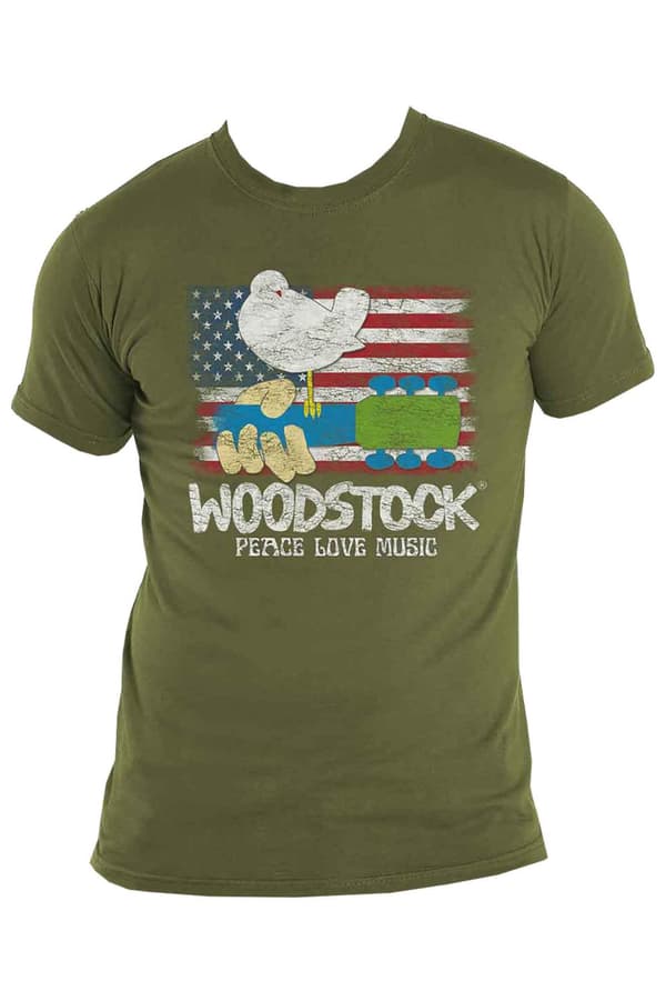 Woodstock T Shirt Flag Logo Official Mens Military Green