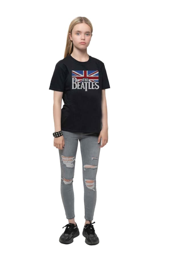 The Beatles Kids T Shirt Drop T Logo Vintage Flag Official Black Ages 3-10 yrs