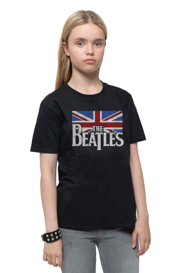 The Beatles Kids T Shirt Drop T Logo Vintage Flag Official Black Ages 3-10 yrs Black X-Small 3/4 Yrs