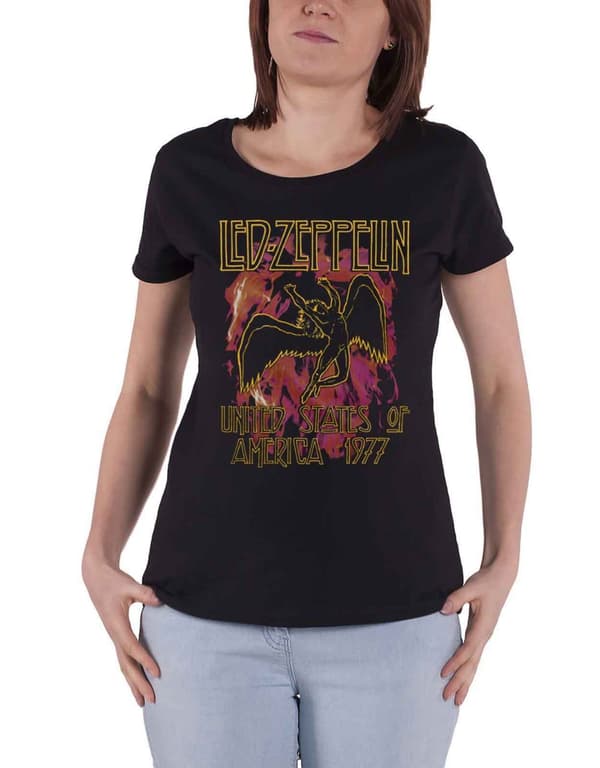 Led Zeppelin T Shirt Black Flames Band Logo Official Womens Skinny Fit Black