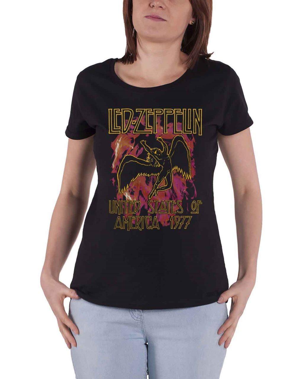 Led Zeppelin T Shirt Black Flames Band Logo Official Womens Skinny Fit Black