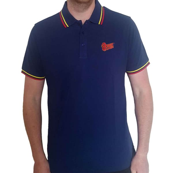 David Bowie Polo Shirt Flash Logo Official Mens Navy Blue Unisex XL
