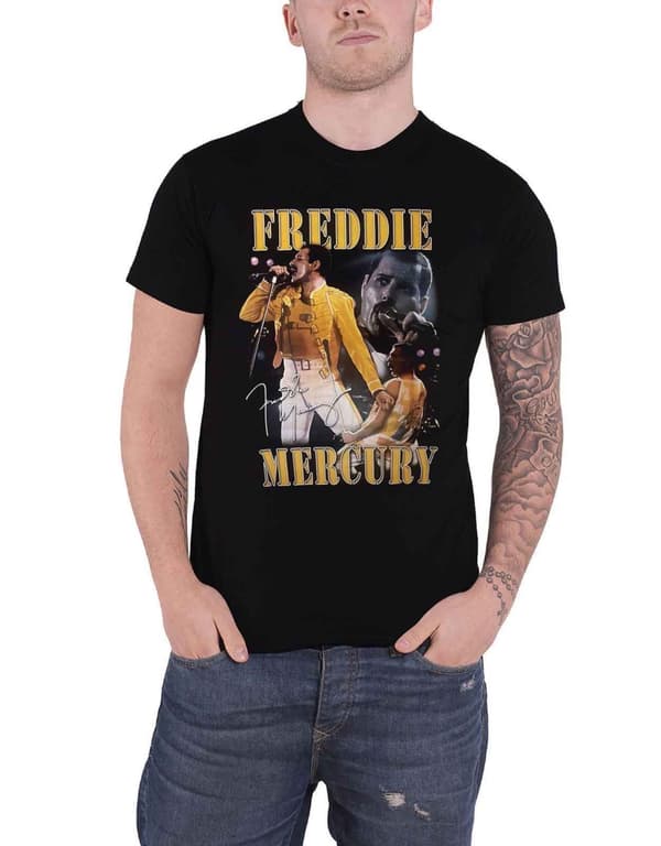 Freddie Mercury T Shirt Live on stage Homage logo Official Mens Black