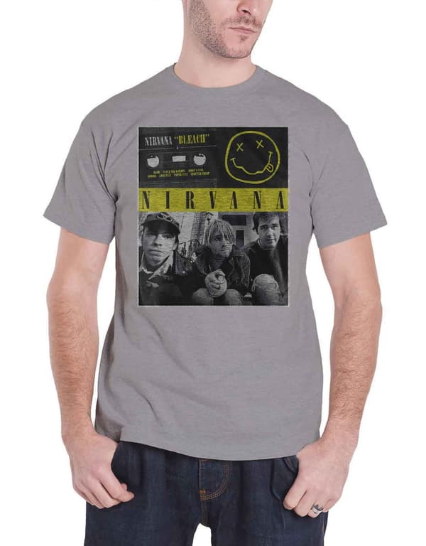 Nirvana T Shirt Bleach Tape Photo band logo Official Mens Grey M