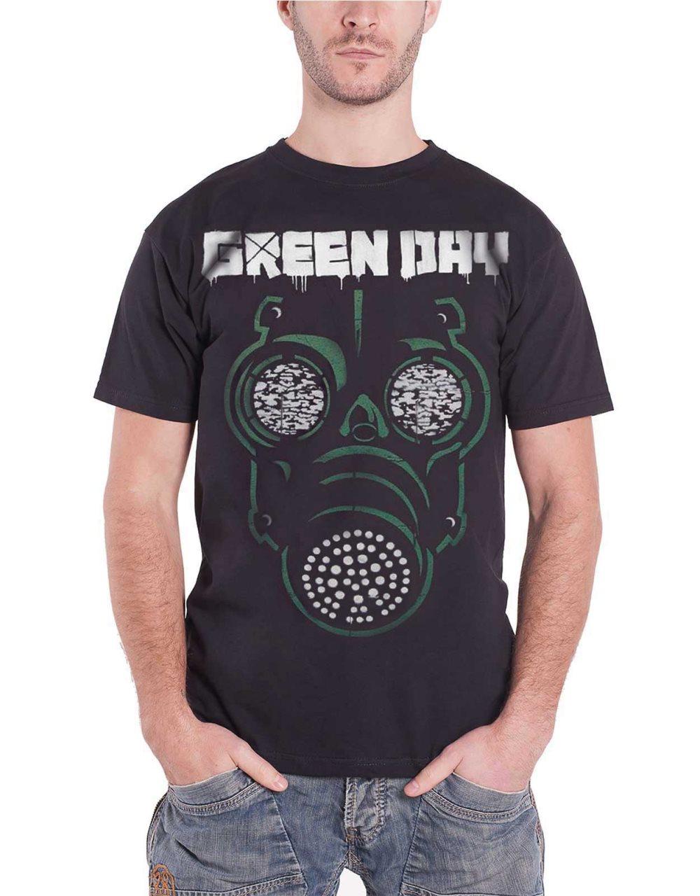 Green Day T Shirt Green Gas Mask Band Logo Official Mens Black