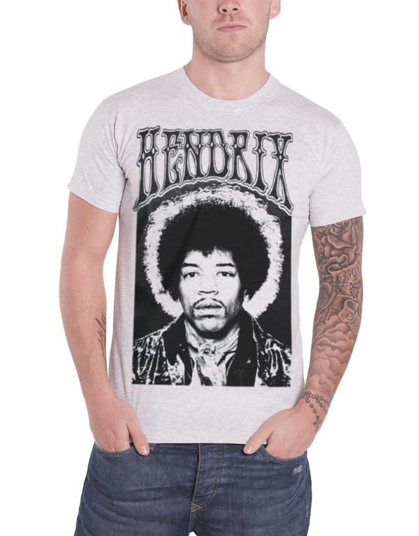 Jimi Hendrix Halo Portrait Contrast Band Logo Official Mens Grey T Shirt