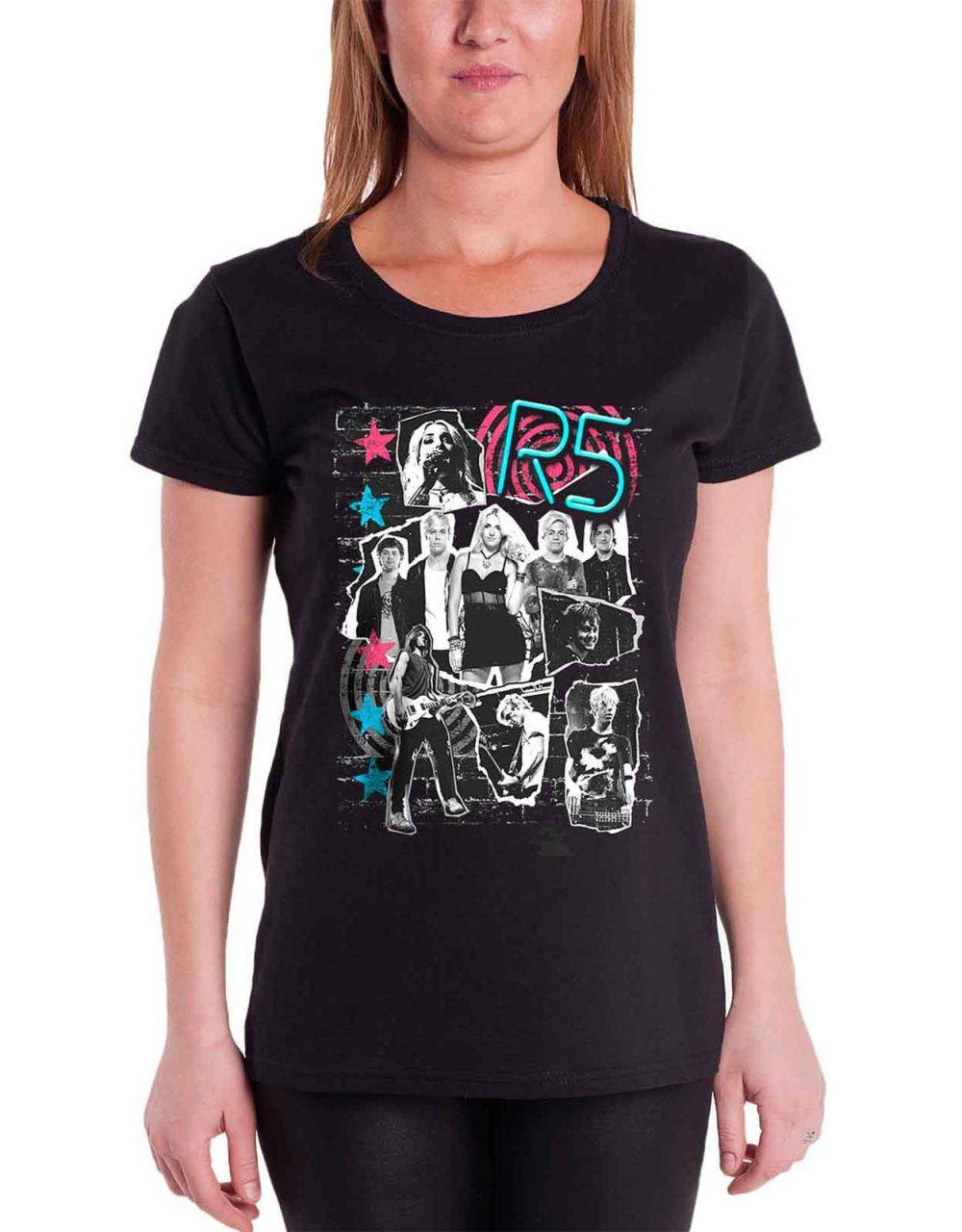 R5 T Shirt Grunge Collage band logo Official Womens Black Skinny Fit