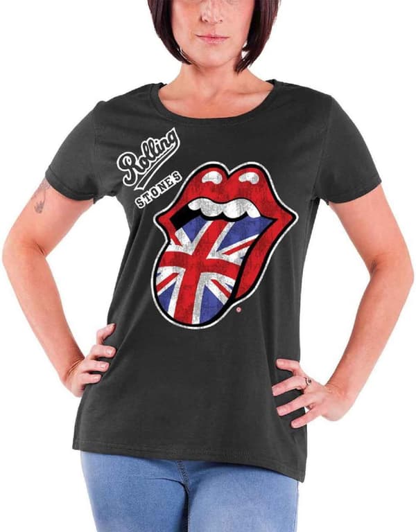 The Rolling Stones T Shirt British Tongue Official Womens Grey Skinny Fit 10