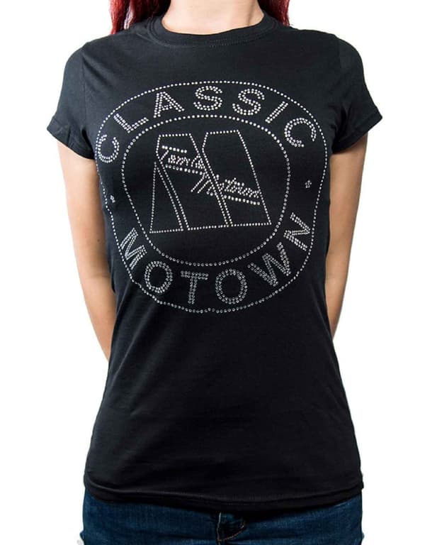 Motown T Shirt Classic diamante logo Official Womens Skinny Fit Black Black M