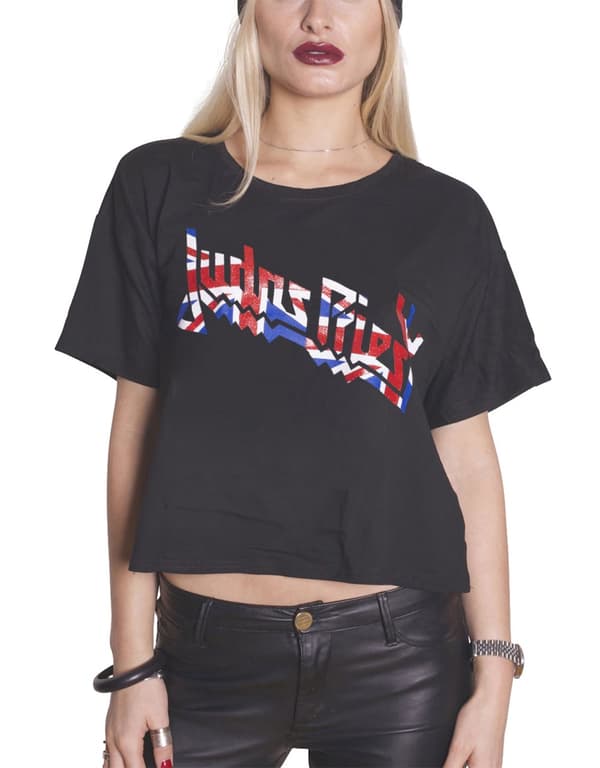 Judas Priest  T Shirt Union Jack Logo Official Womens Black Glitter Ink Boxy