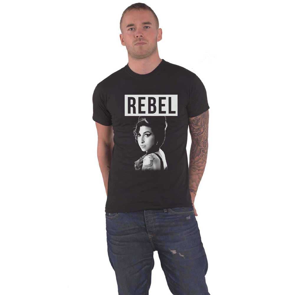 Amy Winehouse T Shirt Rebel Logo back to Black Official Mens Black