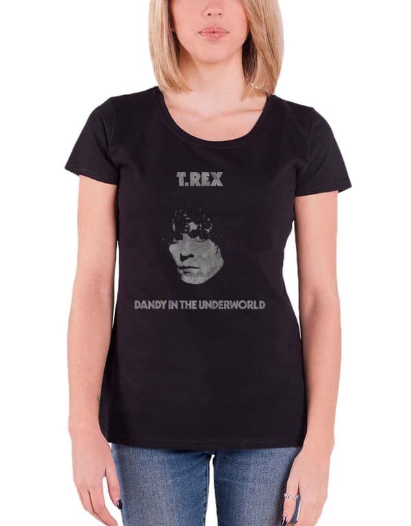 T Rex T Shirt Marc Bolan Dandy Logo Official Womens Skinny Fit Black Black L