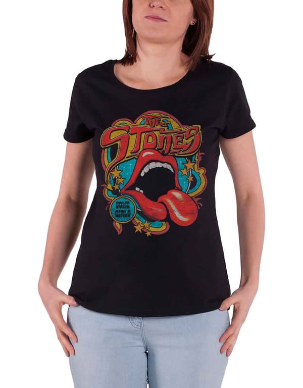 The Rolling Stones T Shirt Retro 70s Vibe Official Womens Skinny Fit Black Black S