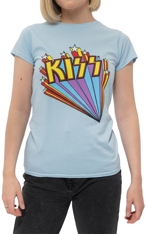 KISS T Shirt Stars Vintage Band Logo Official Womens Skinny Fit Light Blue