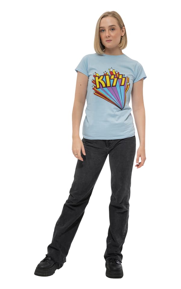 KISS T Shirt Stars Vintage Band Logo Official Womens Skinny Fit Light Blue