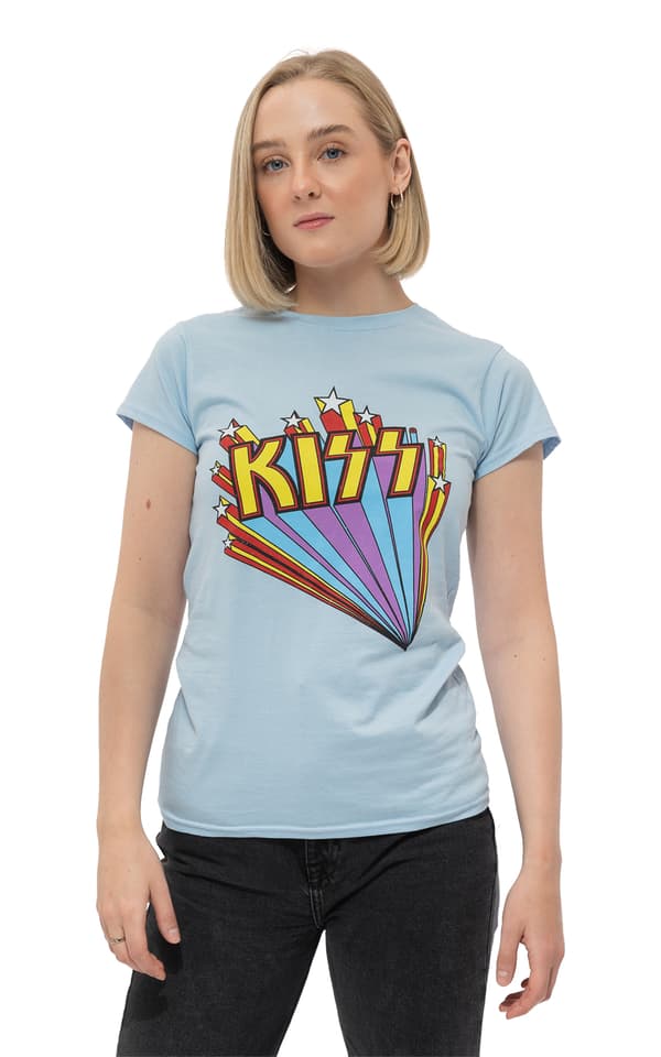 KISS T Shirt Stars Vintage Band Logo Official Womens Skinny Fit Light Blue
