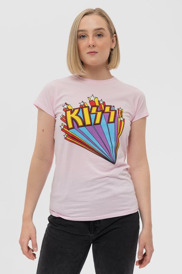 KISS T Shirt Stars Vintage Band Logo Official Womens Skinny Fit Pink