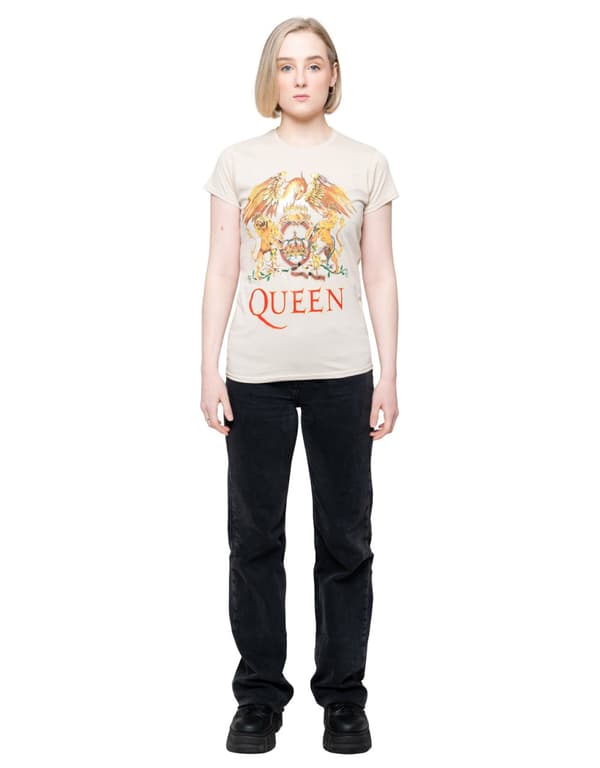 Queen T Shirt Classic Crest Band Logo Official Womens Skinny Fit Sand