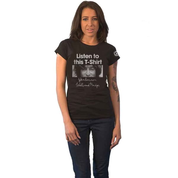 John Lennon T Shirt Listen to this T-Shirt Official Womens Skinny Fit Black Black M