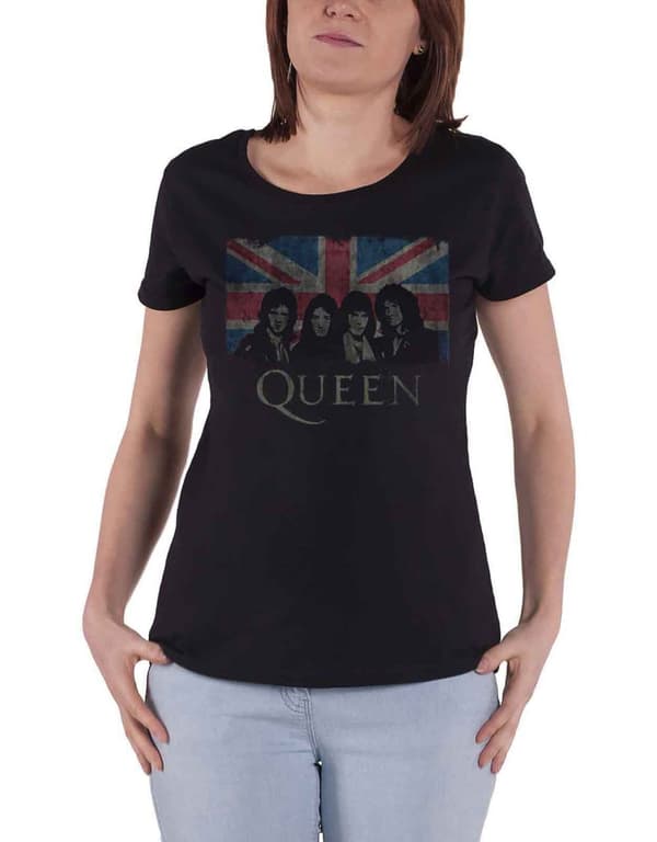 Queen T Shirt Union Jack Vintage Band Logo Official Womens Skinny Fit Black