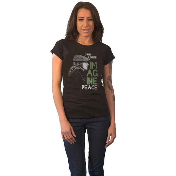 John Lennon T Shirt Imagine Peace Logo Official Womens Skinny Fit Black