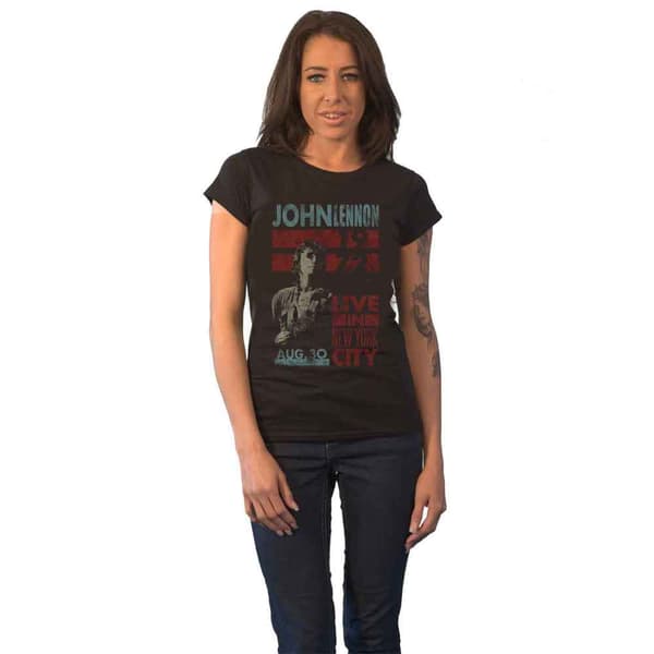 John Lennon T Shirt Live in NYC 1972 Official Womens Skinny Fit Black